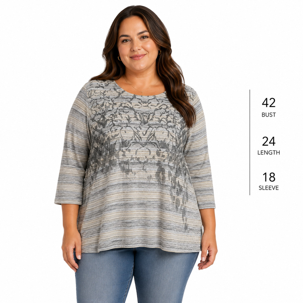 Chicos Zenergy Gold Gray Print 3/4 Sleeve Lightweight Top Shirt Blouse sz 2 / L